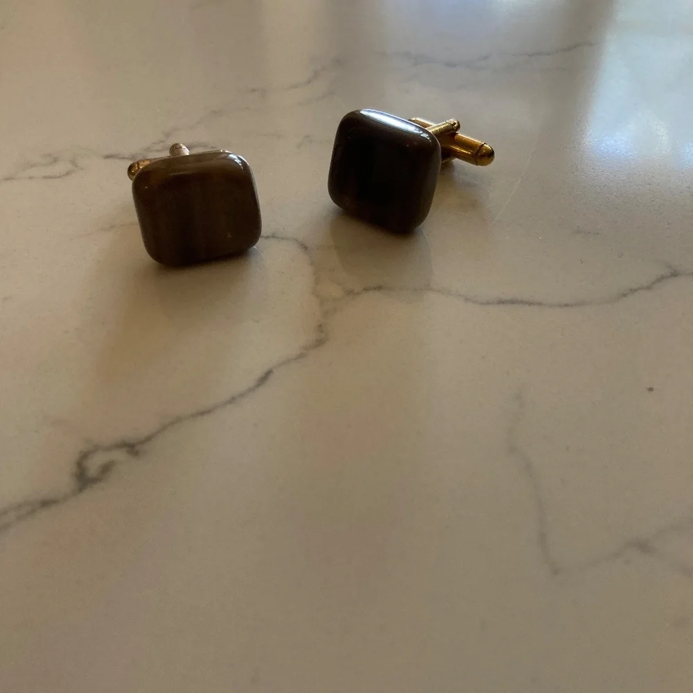 Set of Brown Polished Stone Cufflinks Goldstone Rectangle